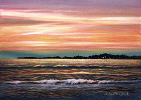 Ocean Sunset: acrylic on scratchboard