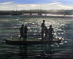 Children on a raft with sun sparkling on the water: scratchboard